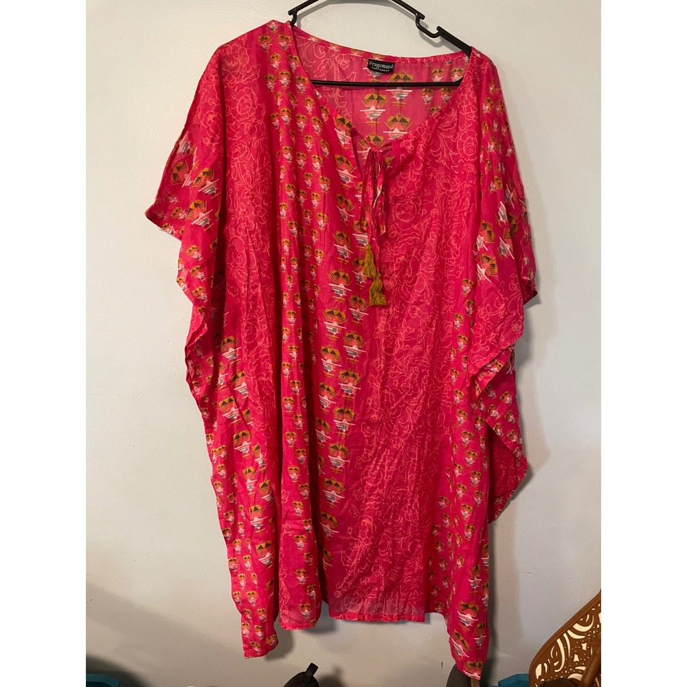 Fragonard Parfumeur Pink Kaftan Tassel Tie Floral Geometric Print Cover Up OS